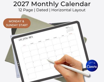 2027 Horizontal Monthly Planner: Dated Calendar, Monday and Sunday Start (Editable Canva Template)
