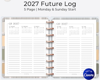 2027 Future Log Planner Inserts: Quarterly Overview and Calendar (Printable PDF & Canva Template)