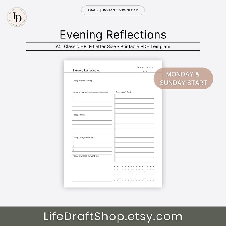 Evening Reflections, Intentional Planning Insert, Daily Journal ...
