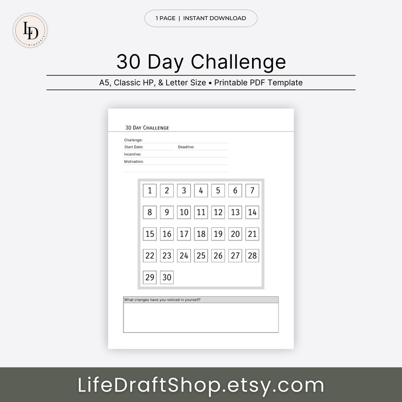 30 Day Challenge, Habit Tracker Planner Insert (printable PDF Template ...