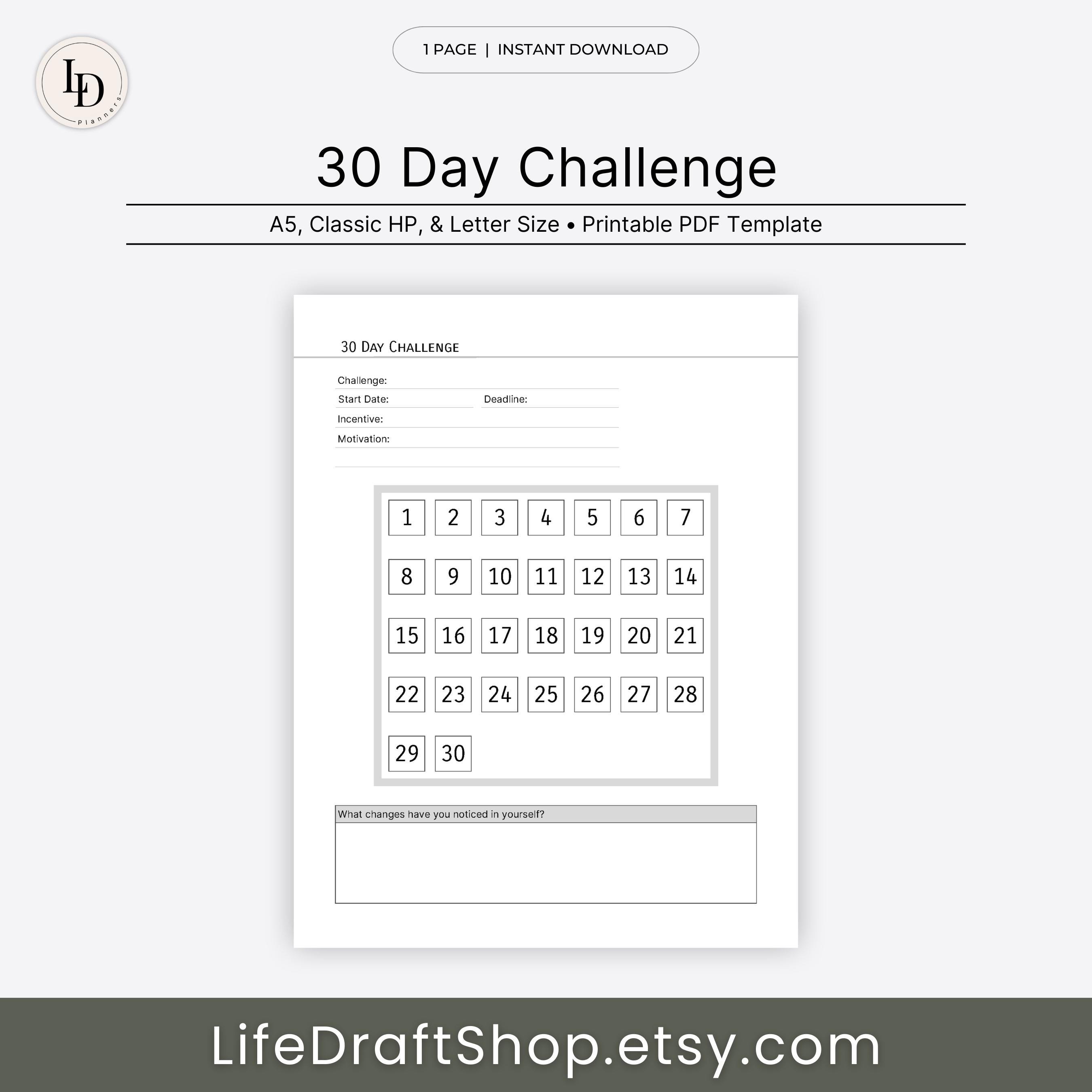 30 Day Challenge, Habit Tracker Planner Insert (printable PDF Template ...