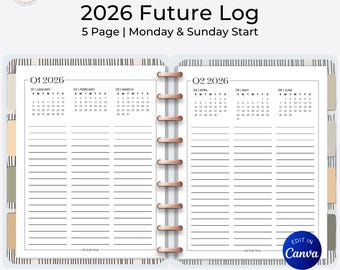 2026 Future Log Planner Inserts: Quarterly Overview and Calendar (Printable PDF & Canva Template)