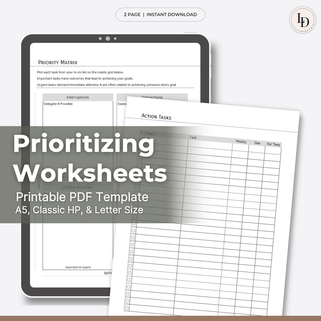 Prioritizing Worksheets, Time Management Digital Planner Inserts ...