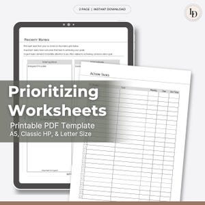 Prioritizing Worksheets, Time Management Digital Planner Inserts (Printable PDF Template)