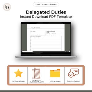K&ouml;nnte beinhalten: Ein Laptop-Bildschirm zeigt eine druckbare PDF-Vorlage f&uuml;r die Delegation von Aufgaben. Die Vorlage enth&auml;lt Abschnitte f&uuml;r Aufgabe oder Projekt, gesch&auml;tzte Zeit bis zur Fertigstellung, F&auml;lligkeitstermin, Handlungsschritte oder gew&uuml;nschte Ergebnisse und Priorit&auml;tsstufe. Die Vorlage ist in den Gr&ouml;&szlig;en A5, Classic HP und Letter verf&uuml;gbar. Das Bild enth&auml;lt auch Symbole f&uuml;r hochwertiges Design, lebenslangen Zugriff und Kundensupport.