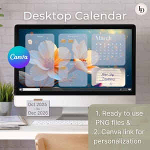 以下が含まれることがあります： 「Desktop Calendar」の文字と花柄のデザインが施されたデジタルデスクトップカレンダーを表示するコンピューター。画面には3月が表示され、「Never Stop DREAMING」と書かれた付箋があります。「Oct 2025 - to - Dec 2026」の文字も含まれています。