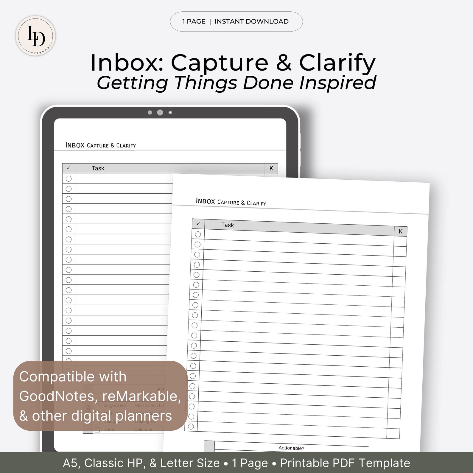 Inbox: Capture & Clarify, GTD Inspired Planner Inserts (printable PDF ...