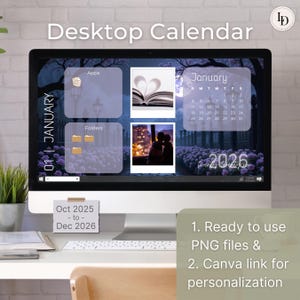 以下が含まれることがあります： 2026年1月のデジタルデスクトップカレンダーを表示するコンピューターモニター。画面にはアプリのアイコン、フォルダー、カレンダーグリッドが表示されています。「Desktop Calendar」の文字が上部にあります。小さなカレンダーには、2025年10月から2026年12月までの日付が表示されています。