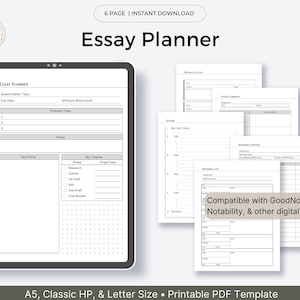 Puede incluir: Una plantilla de planificador digital para ensayos, con un esquema de color gris y blanco. La plantilla incluye secciones para lluvia de ideas, esquema y escritura. El texto "Essay Planner" se muestra en una fuente grande en la parte superior de la página. El texto "Compatible con GoodNotes, Notability, & otros planificadores digitales" se muestra en la parte inferior de la página.