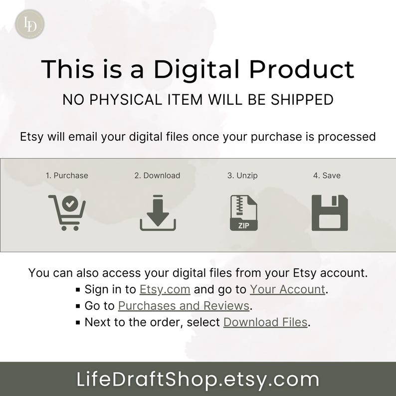 K&ouml;nnte beinhalten: Ein wei&szlig;er Hintergrund mit schwarzem Text, der lautet: "Dies ist ein digitales Produkt. KEIN PHYSIKALISCHER ARTIKEL WIRD VERSANDT. Etsy sendet Ihnen Ihre digitalen Dateien, sobald Ihr Kauf bearbeitet wurde."  Unter dem Text befinden sich vier Symbole, die die Schritte zum Herunterladen eines digitalen Produkts darstellen: 1. Kaufen, 2. Herunterladen, 3. Entpacken, 4. Speichern. Die Symbole sind ein Einkaufswagen, ein Download-Pfeil, eine komprimierte Datei und eine Diskette. Der Text unter den Symbolen lautet: "Sie k&ouml;nnen auch &uuml;ber Ihr Etsy-Konto auf Ihre digitalen Dateien zugreifen. Melden Sie sich bei Etsy.com an und gehen Sie zu Ihrem Konto. Gehen Sie zu K&auml;ufe und Bewertungen. W&auml;hlen Sie neben der Bestellung &bdquo;Dateien herunterladen&ldquo; aus. LifeDraftShop.etsy.com"