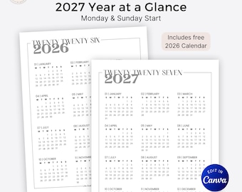 2026-2027 Year At a Glance: Dated Calendar, Monday and Sunday Start (Editable Canva Template)