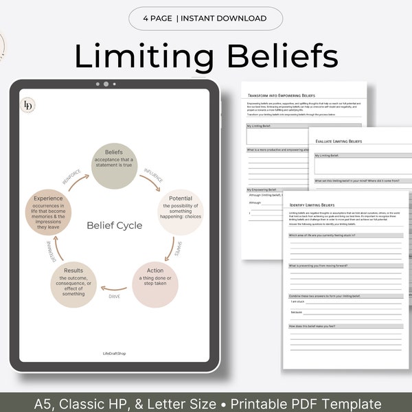 Conquering Limiting Beliefs | Personal Development & Growth Mindset Worksheet (Printable PDF Template)
