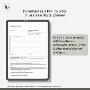 K&ouml;nnte beinhalten: Eine druckbare digitale Planervorlage f&uuml;r die Delegation von Aufgaben. Die Vorlage enth&auml;lt Abschnitte f&uuml;r Aufgabe/Projekt, gesch&auml;tzte Zeit bis zur Fertigstellung, Aktionsschritte, Delegierten, Kontakt und eine Delegations-Checkliste. Die Vorlage ist f&uuml;r die Verwendung mit digitalen Notiz-Apps wie GoodNotes, reMarkable, Kindle Scribe und anderen digitalen Planern konzipiert.