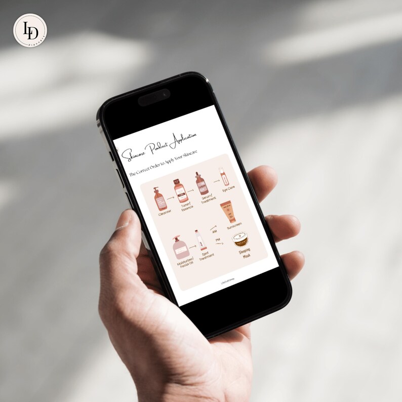 May include: A smartphone displaying a skincare routine infographic with the title "Skincare Product Application". The infographic shows the correct order to apply skincare products, including cleanser, toner, serum, eye cream, moisturizer, spot treatment, face oil, and a sleeping mask.