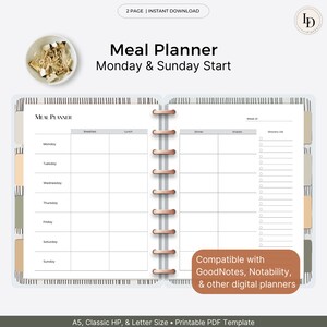 May include: Printable meal planner template for digital planners. The planner has sections for breakfast, lunch, dinner, snacks, and a grocery list. The planner is compatible with GoodNotes, Notability, and other digital planners. The planner is available in A5, Classic HP, and Letter size.