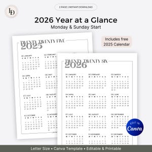 Könnte beinhalten: Zwei druckbare 2026 Jahreskalender. Die Kalender sind in Schwarzweiß gehalten und beginnen am Montag und Sonntag. Der Text enthält das Jahr, den Monat und die Wochentage. Enthält einen kostenlosen Kalender für 2025. Letter-Format, Canva-Vorlage, editierbar und druckbar.