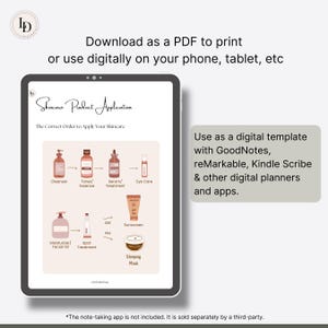 May include: A digital printable guide for applying skincare products in the correct order. The guide features illustrations of various skincare products, including cleanser, toner, serum, eye care, moisturizer, spot treatment, sunscreen, and a sleeping mask. The guide is labeled "Skincare Product Application" and "The Correct Order to Apply Your Skincare".
