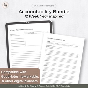 Könnte beinhalten: Ein digitales Planer-Bundle mit dem Text "Accountability Bundle 12 Week Year Inspired". Das Bild zeigt ein Tablet mit einer wöchentlichen Accountability-Meeting-Vorlage und einem gedruckten Accountability-Partner-Protokoll. Kompatibel mit GoodNotes und reMarkable.