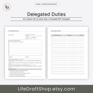 K&ouml;nnte beinhalten: Eine druckbare PDF-Vorlage zur Delegation von Aufgaben. Die Vorlage enth&auml;lt Abschnitte f&uuml;r Aufgabe/Projekt, Aktionsschritte, Delegierten, Kontakt und Delegations-Checkliste. Es gibt auch einen Abschnitt f&uuml;r Aufgabe/Verantwortung, Delegierten und Frist.