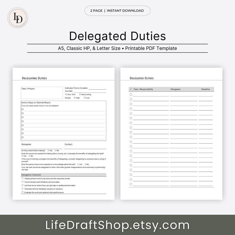 K&ouml;nnte beinhalten: Eine druckbare PDF-Vorlage zur Delegation von Aufgaben. Die Vorlage enth&auml;lt Abschnitte f&uuml;r Aufgabe/Projekt, Aktionsschritte, Delegierten, Kontakt und Delegations-Checkliste. Es gibt auch einen Abschnitt f&uuml;r Aufgabe/Verantwortung, Delegierten und Frist.