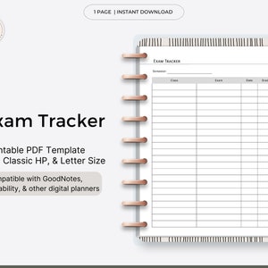 Puede incluir: Una plantilla digital de seguimiento de exámenes con el texto "Exam Tracker" y una cuadrícula para ingresar información de clase, examen, fecha y calificación. La plantilla está disponible en tamaños A5, Classic HP y Letter, y es compatible con GoodNotes, Notability y otros planificadores digitales.