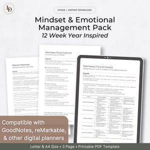 May include: A digital planner pack with the title "Mindset & Emotional Management Pack" and the text "12 Week Year Inspired." The pack includes a tablet displaying a chart, and two sheets of paper with text. The bottom of the image reads "Compatible with GoodNotes, reMarkable, & other digital planners."