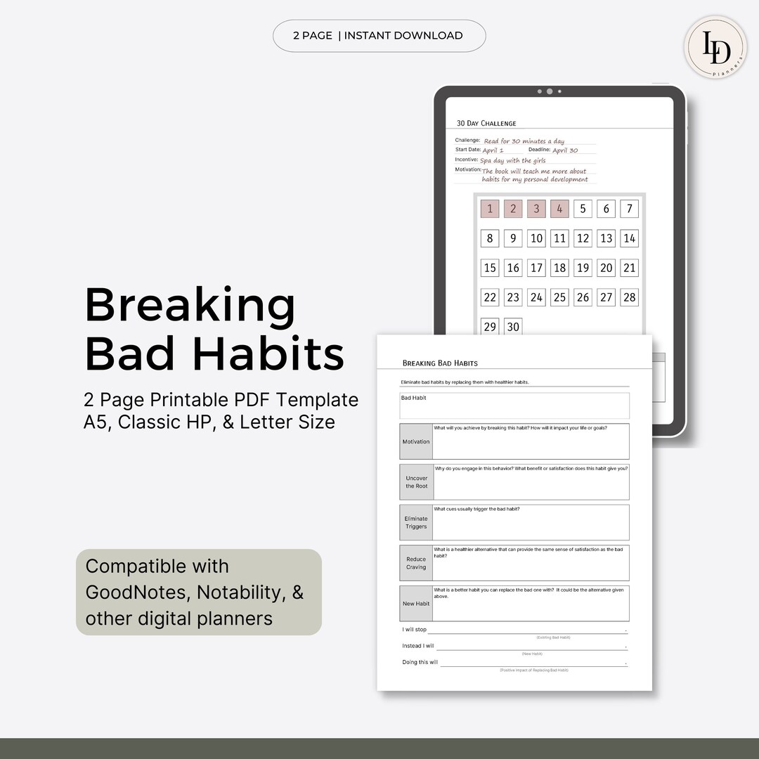 Breaking Bad Habits Worksheet Digital Productivity Planner Insert