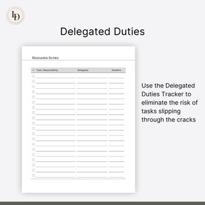 K&ouml;nnte beinhalten: Ein druckbarer Delegations-Tracker mit einer Checkliste, einer Spalte f&uuml;r den Delegierten und einer Spalte f&uuml;r die Frist. Der Text "Verwenden Sie den Delegations-Tracker, um das Risiko zu vermeiden, dass Aufgaben durch die Maschen fallen" befindet sich auf der rechten Seite der Seite.