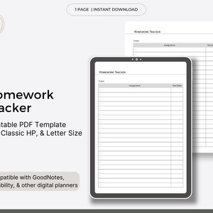 Può includere: Un modello digitale di monitoraggio dei compiti visualizzato su un tablet e un foglio stampato. Il modello include campi per classe, compito e data di scadenza. Il testo sull'immagine recita "Homework Tracker" e "Printable PDF Template A5, Classic HP, & Letter Size."