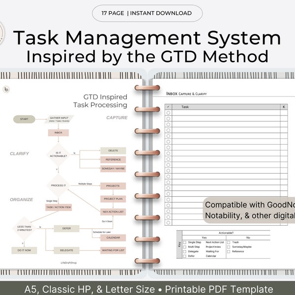 GTD Inspired Task Management System, Productivity Planner Insert (Printable PDF Template)