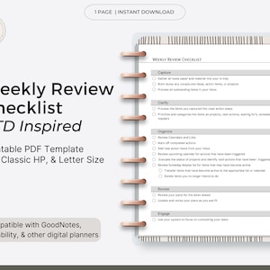 GTD Inspired Weekly Review Checklist, Productivity Planner (Printable PDF Template)