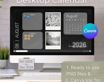 Black & White Desktop Organizer: Minimalist 2026 Calendar Wallpaper (Customizable Canva Template)