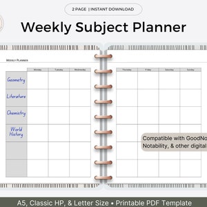 May include: A printable weekly subject planner template in a digital planner format. The planner has a beige and green striped border and includes a section for each day of the week. The planner is compatible with GoodNotes, Notability, and other digital planners. The text "Weekly Subject Planner" is at the top of the page.