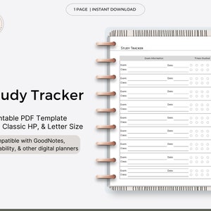 Puede incluir: Una plantilla imprimible en PDF para un rastreador de estudio, titulada "Study Tracker". Disponible en tamaños A5, Classic HP y Letter. Incluye secciones para información de exámenes y tiempos de estudio. Compatible con GoodNotes y otros planificadores digitales.