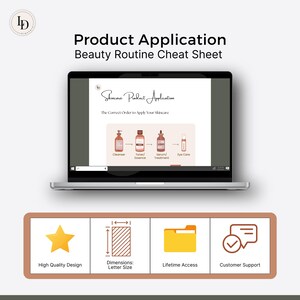 May include: A laptop screen displaying a skincare product application cheat sheet with illustrations of bottles and the text "Skincare Product Application" and "The Correct Order to Apply Your Skincare". Below the laptop are four icons: a star, a grid with arrows, a folder, and a speech bubble with a checkmark. The text below the icons reads "High Quality Design", "Dimensions: Letter Size", "Lifetime Access", and "Customer Support".