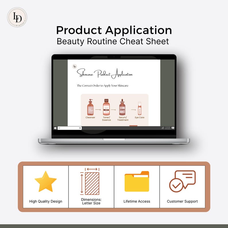 May include: A laptop screen displaying a skincare product application cheat sheet with illustrations of bottles and the text "Skincare Product Application" and "The Correct Order to Apply Your Skincare". Below the laptop are four icons: a star, a grid with arrows, a folder, and a speech bubble with a checkmark. The text below the icons reads "High Quality Design", "Dimensions: Letter Size", "Lifetime Access", and "Customer Support".