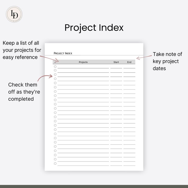 Project Index, Project Management Planner Inserts (printable PDF ...