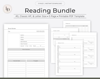 May include: A printable PDF template for a reading journal, book review, and reading list. The template includes sections for title, author, genre, pages, date started, date finished, series, book summary, favorite parts, thoughts, memorable quotes, and a reading log.