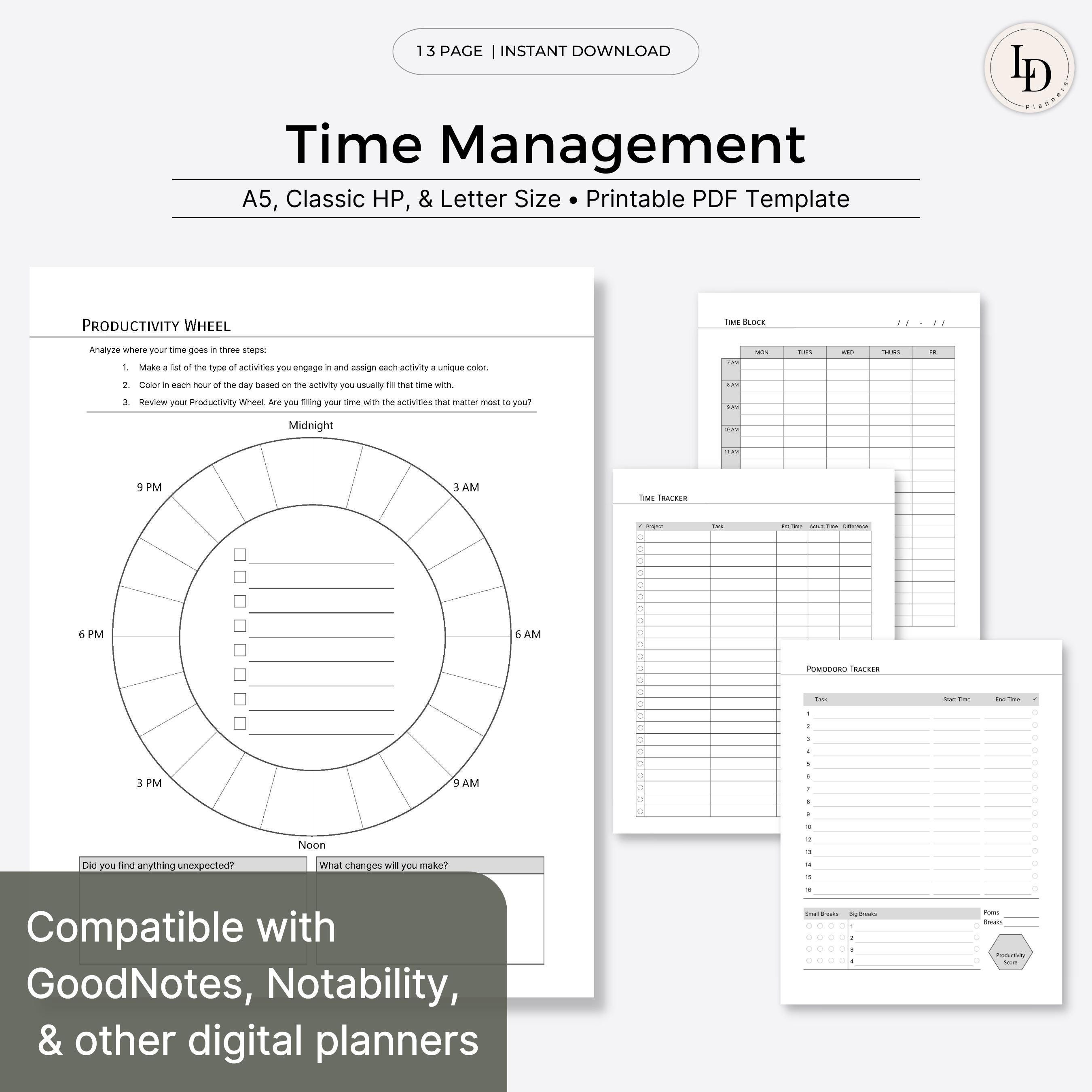 Time Management Tools, Digital Planner Inserts (printable PDF Template ...