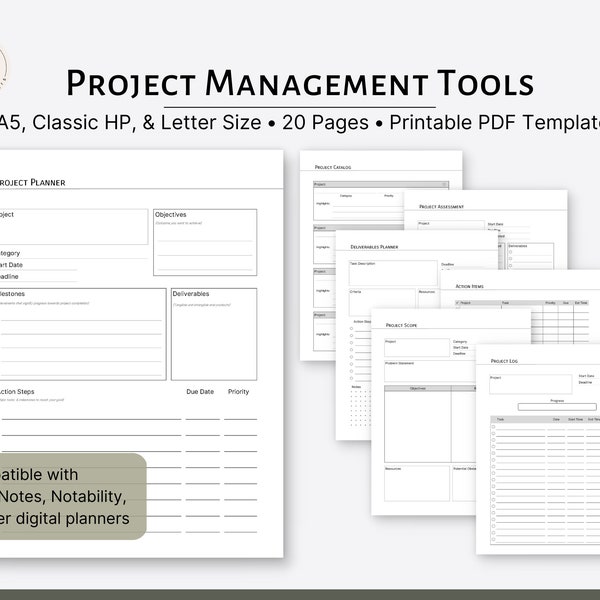 Outils de gestion de projet, insertions du planificateur de productivité (modèle PDF imprimable)