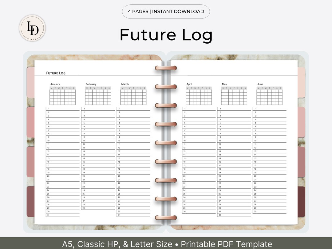 Future Log, Planner Inserts 4 Page Spread Monday &amp; Sunday Start ...