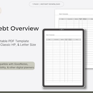 May include: A printable debt overview template in PDF format. The template is compatible with digital planners like GoodNotes and Notability. The template includes columns for date, account number, balance, interest rate, minimum payment, and notes.