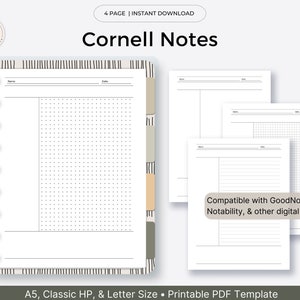 May include: Printable Cornell Notes template for digital planners. The template includes a lined section, a dotted section, and a grid section. Compatible with GoodNotes, Notability, and other digital planners. A5, Classic HP, and Letter Size.