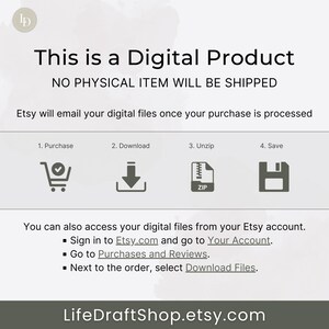 May include: A digital product graphic with the text "This is a Digital Product" and "NO PHYSICAL ITEM WILL BE SHIPPED". The graphic also includes instructions on how to download and save the digital files after purchase.