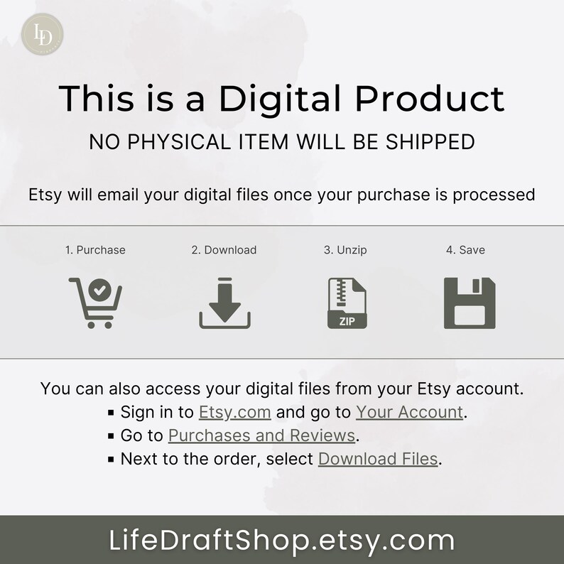 May include: A digital product graphic with the text "This is a Digital Product" and "NO PHYSICAL ITEM WILL BE SHIPPED". The graphic also includes instructions on how to download and save the digital files after purchase.