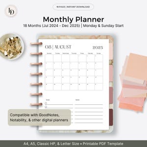 2025 Monthly Planner Insert, Dated 18 months (Jul 2024-Dec 2025) 4 Sizes | iPad GoodNotes Digital Planner Template (Printable PDF Template)