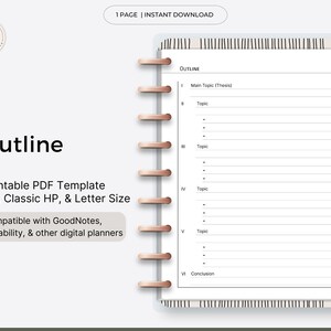 Puede incluir: Una plantilla de esquema de planificador digital con la palabra "Outline" en texto negro grande. La plantilla está diseñada para tamaños A5, Classic HP y Letter, y es compatible con GoodNotes, Notability y otros planificadores digitales. El diseño incluye una encuadernación en espiral.
