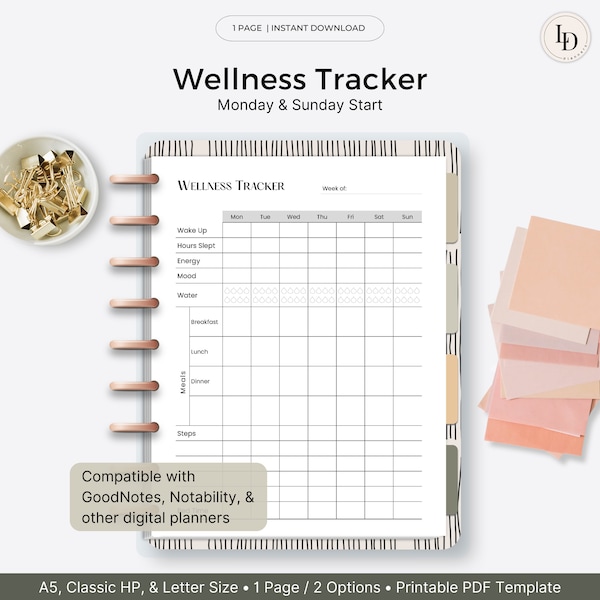 Wellness Tracker | Health Management Tools | Digital Lifestyle Planner Insert (Printable PDF Template)