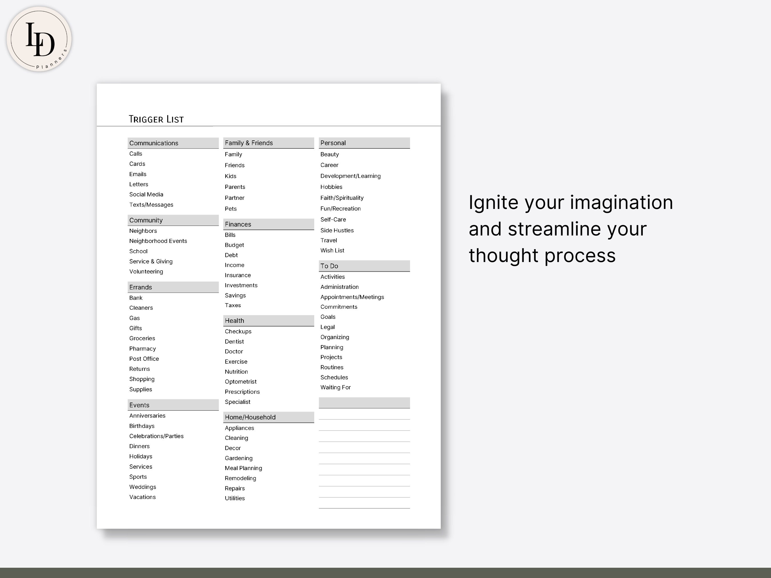 Brain Dump & Trigger List Productivity Planner Insert - Etsy Ireland