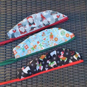 Christmas Pattern Scrub Cap, Holiday Gnome Surgical Scrub Caps, Christmas Cookie Print Scrub Cap, Holiday Llama Surgical Tieback Scrub Hat
